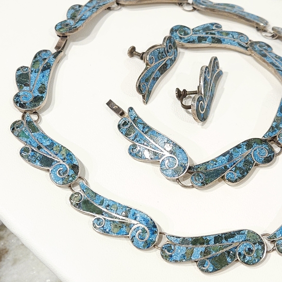 1940s Taxco Mexico Sterling Silver 950 Blue Stone Inlay 3 Piece Demi Parure Set - Picture 7 of 16